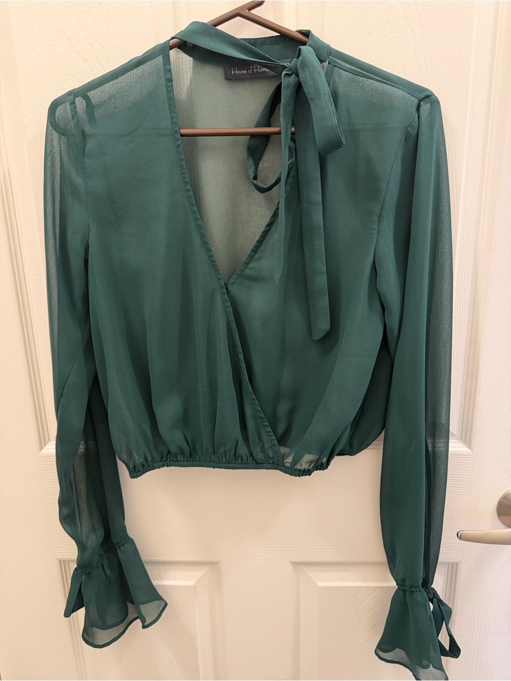 House of Harlow 1960 Green Tie-Neck Sheer Wrap Blouse